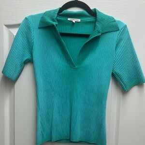 Cotton Citizen Ibiza Turquoise Wash Ribbed Short Sleeve Collared Shirt, Size M